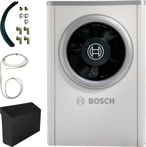 Weiße Außeneinheit von Bosch mit einem großen Ventilator, umgeben von verschiedenen Halterungen, Rohren und Zubehörteilen für die Installation.